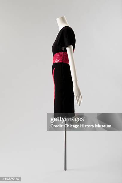 One-shouldered cocktail dress, designed by Karl Lagerfeld for Chloe, with red sequined triangular insets, 1982. Shown as part of the Chicago History...