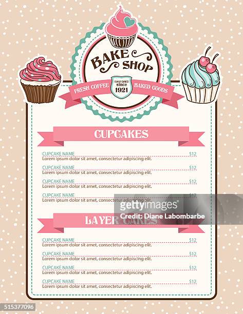 stockillustraties, clipart, cartoons en iconen met bake shop sticker with cupcake and ribbon - menu