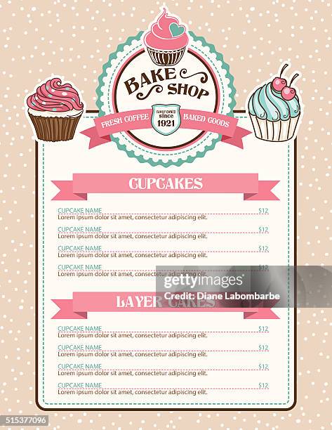 bildbanksillustrationer, clip art samt tecknat material och ikoner med bake shop sticker with cupcake and ribbon - meny