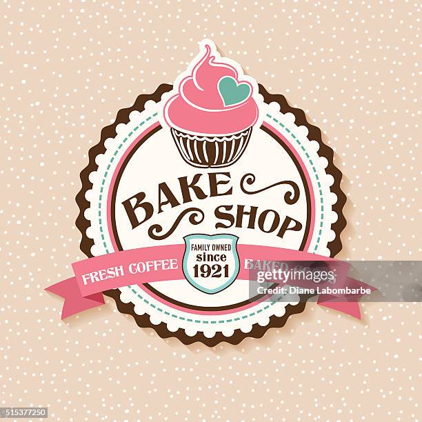 stockillustraties, clipart, cartoons en iconen met bake shop sticker with cupcake and ribbon - bakkerij