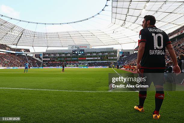 Hakan Calhanoglu of Leverkusen gets ready to shoot a corner kick during the Bundesliga match between Bayer 04 Leverkusen and Hamburger SV at BayArena...