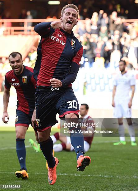 Luca Rigoni of Genoa CFC celebrates a goal during the Serie A match between Genoa CFC and Torino FC at Stadio Luigi Ferraris on March 13, 2016 in...