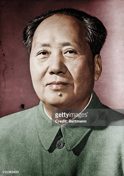 Head and shoulders portrait of Chinese Communist leader Mao Tse-Tung . Undated photograph.