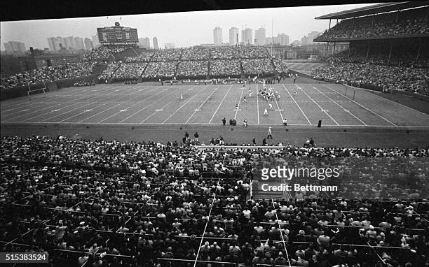 General view of crowd watching the Chicago Bears and the Los Angeles Rams battle it out in a National Football League game in Wrigley Field. The...