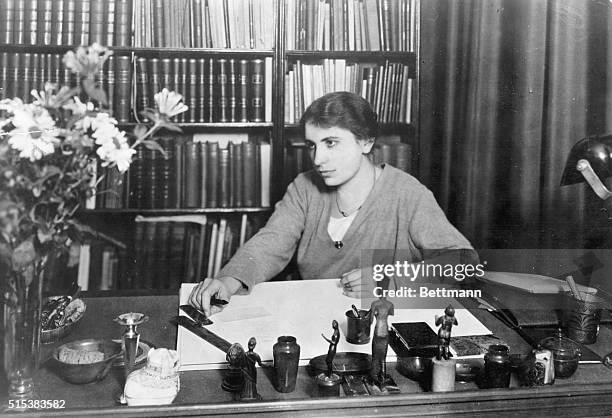 Anna Freud , psychoanalyst and daughter of Sigmund Freud. Seated in her study.