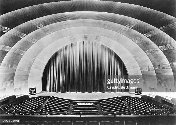 Overall view of stage and proscenium of Radio Cirty Music Hall.
