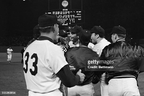 Sandy Koufax - Los Angeles Dodgers Group Mobbed By Teammates On The Field After He Pitched A perfect Game Against The Chicago Cubs
