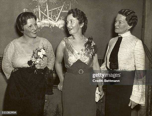 Margaret Sanger, founder of American birth control movement, with Pearl S. Buck and MRs. Thomas N. Hepburn at the organization's 21st anniversary...