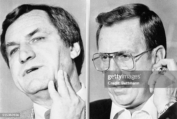 North Carolina coach Dean Smith rubs his chin and Kansas State coach Jack Hartman tugs on an ear as they mull questions during a press conference....