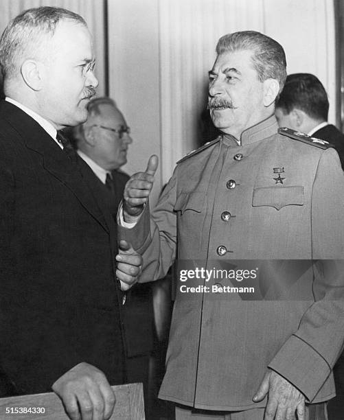 Stalin conferring with foreign minister, V.M. Molotov, during Yalta Conference. February 1945.