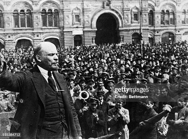 Russian communist revolutionary leader, Vladimir Lenin , giving a speech to Vsevobuch servicemen on the first anniversary of the foundation of the...