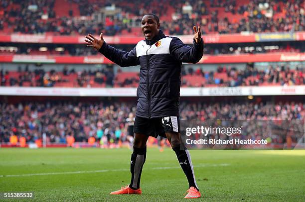 Odion Ighalo of Watford celebrates victory after the Emirates FA Cup sixth round match between Arsenal and Watford at Emirates Stadium on March 13,...