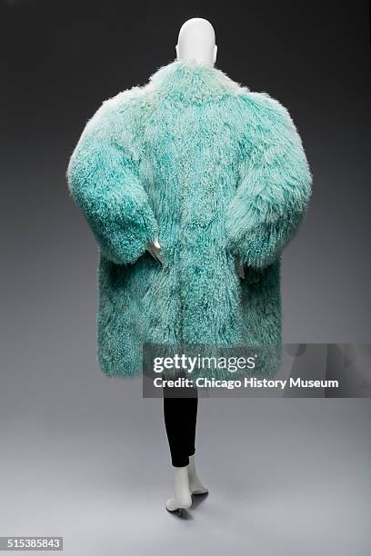 Coat made of fluffy blue sheepskin, designed by Claude Montana, circa 1980s. Shown as part of the Chicago History Muesum's November 2014 'Chicago...