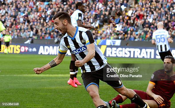 Bruno Fernandes Borges of Udinese Calcio celebrates after scoring hi team's first goal during the Serie A match between Udinese Calcio and AS Roma at...