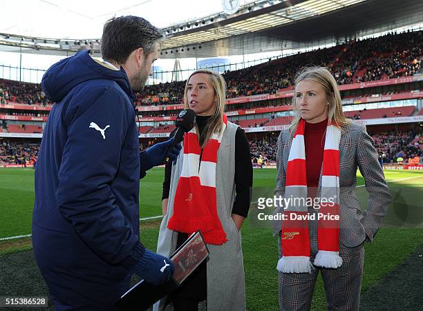 Arsenal Ladies Jordan Nobbs and Leah Williamson are interviewed by Nigel Mitchell during half time of the match between Arsenal and Watford in the FA...