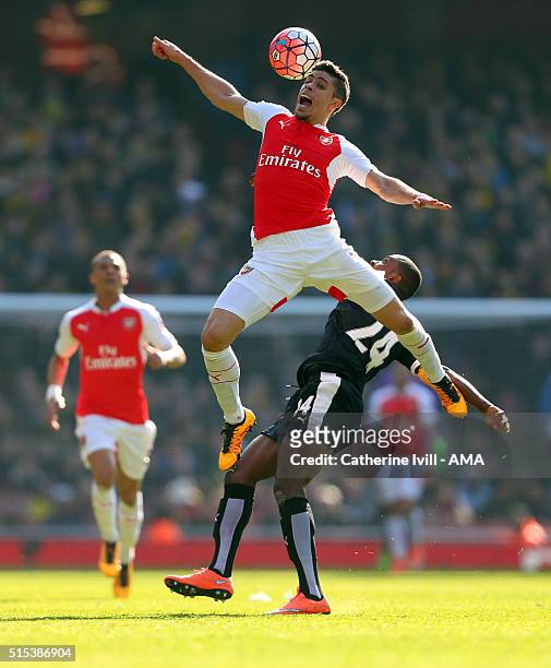 Gabriel Paulista of Arsenal and Odion Ighalo of Watford during the Emirates FA Cup match between Arsenal and Watford at the Emirates Stadium on March...