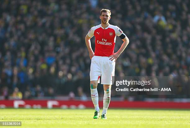 Per Mertesacker of Arsenal during the Emirates FA Cup match between Arsenal and Watford at the Emirates Stadium on March 13, 2016 in London, England.