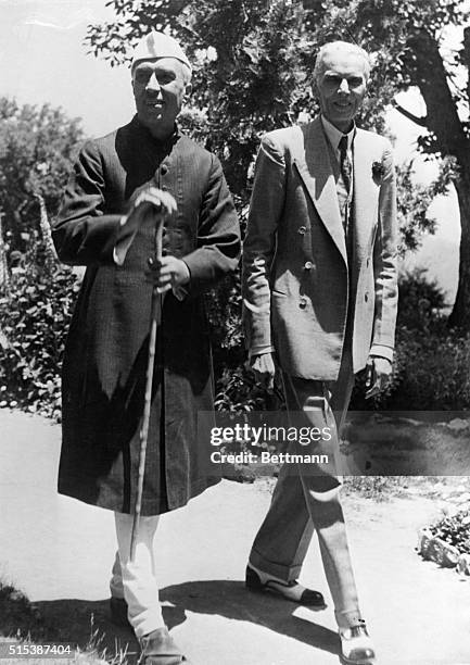 Pandit Jawaharlal Nehru, leader Congress Party, meets with Mohammed Ali Jinnah, leader of the Muslim League, at Jinnah's home.