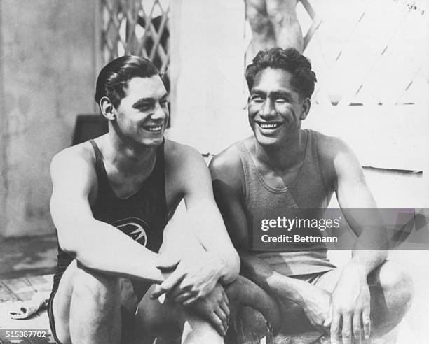 Johnny Weissmuller, American Olympic swimmer, 1904-1984, with Duke Kahanamoku, at the 1924 Paris Olympics.