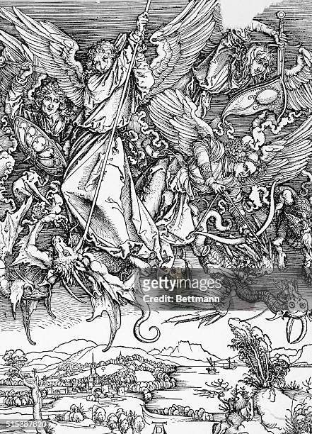 DEPICTION OF THE APOCALYPSE WITH THE ANGELS FIGHTING THE EVILS. UNDATED ILLUSTRATION.