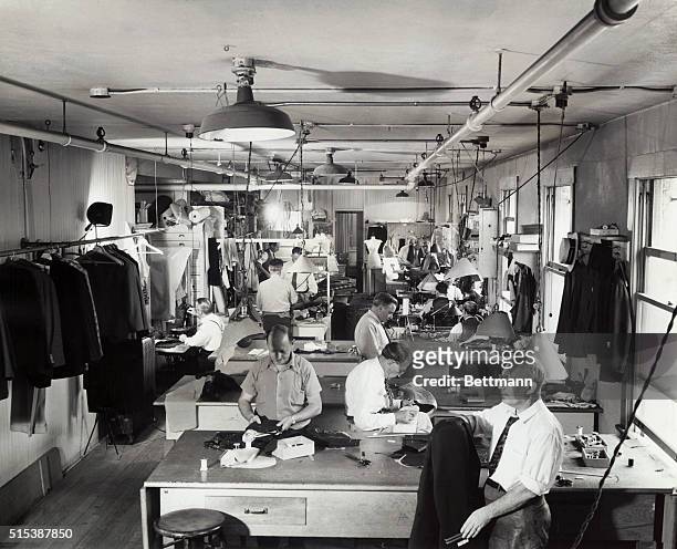 Tailor shop in the wardrobe department at Metro-Goldwyn-Mayer. Here the suite of all acotrs are cared for, uniforms and other costumes tailored.