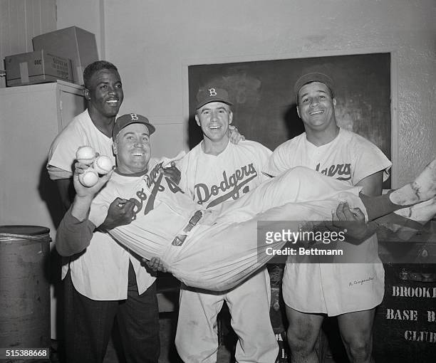 Here's the Dodgers who set a club record by blasting six homeruns at Ebbets Field against the Milwaukee Braves. Duke Snider, who belted three homers...