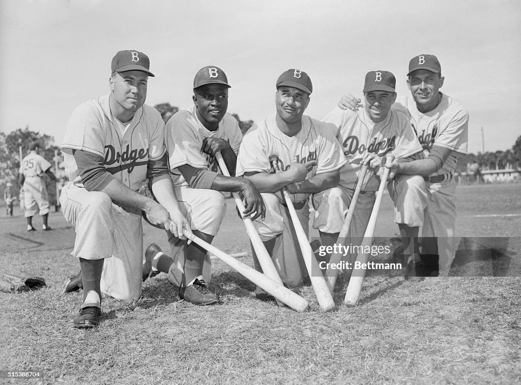 Dodgers Teammates Posing with Baseball Bats