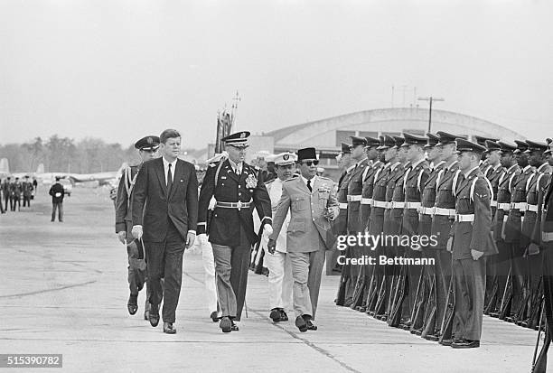 Sukarno inspects honor guard. Andrews Air Force Base, Md.: Indonesian President Sukarno inspects the honor guard following his arrival here today for...