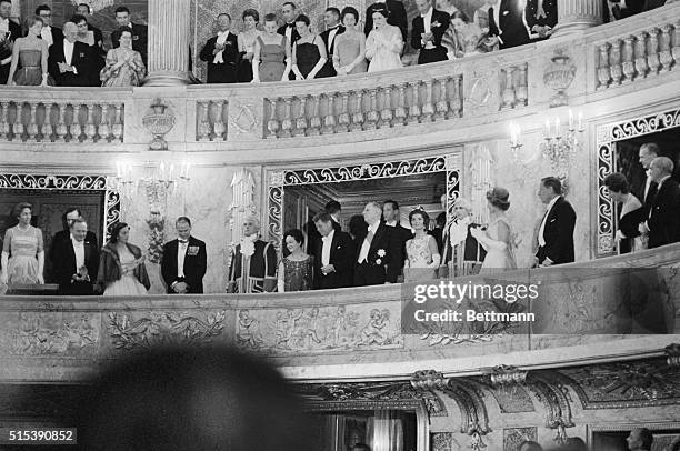 At Louis XV Theatre here, June 1st, Madame Yvonne de Gaulle, Pres. John F. Kennedy, Pres. Charles de Gaulle, and Mrs. Jacqueline Kennedy stand for...