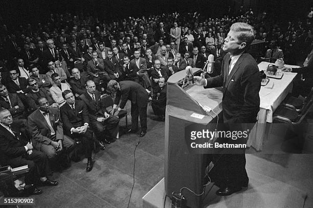 Houston, Texas: Sen. John F. Kennedy, Democratic candidate for President, answers questions from some of the 500 members of the Houston Ministrial...