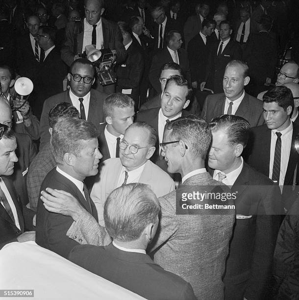 Houston, Texas: Senator John F. Kennedy, Democratic candidate for President, is greeted by some of the 500 members of the Houston Ministerial...