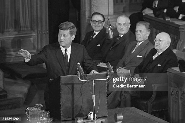 American President John F. Kennedy addresses the Canadian Parliament during a state visit.