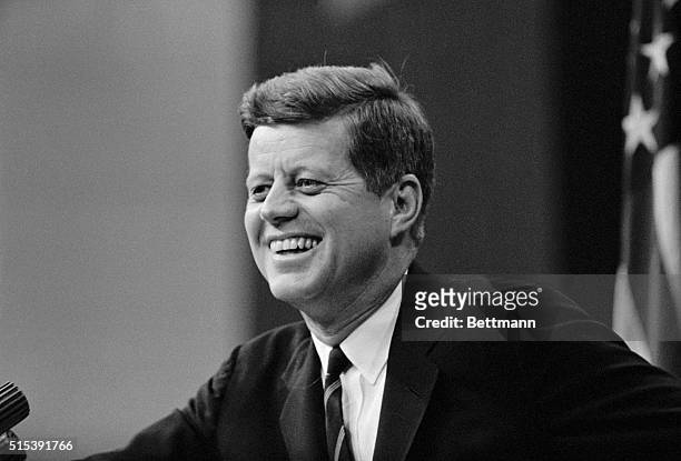 President John F. Kennedy, shown during his news conference at the State Department today, said it was "a mistake" for the Defense Department...
