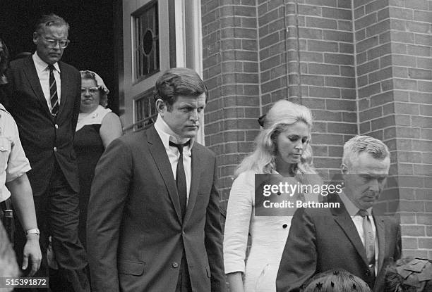 Plymouth, PA: Sen. Edward Kennedy leaves St. Vincent's Church with his wife, Joan after attending the funeral Mass celebrated for Mary Jo Kopechne,...