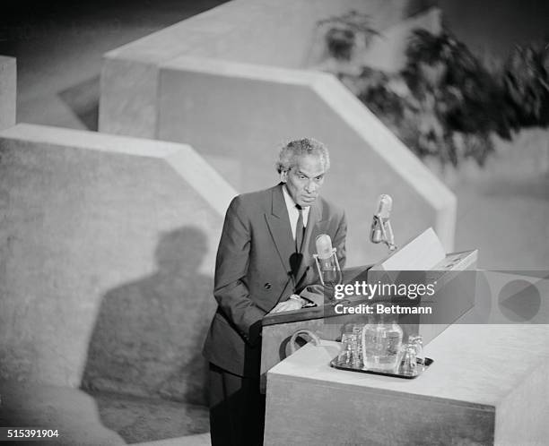 Indian Envoy Echoes Molotov at U.N. San Francisco, California: V.K. Krishna Menon, head of the Indian delegation to the U.N., is shown as he...