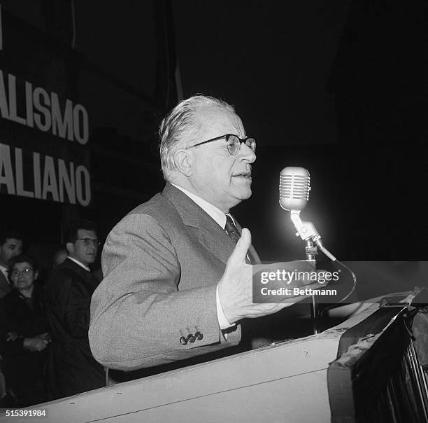 Leader of the Italian Communist party, Palmiro Togliatti, pronounces his speech at the closing mass-rally for the electoral campaign, April 26th. The...