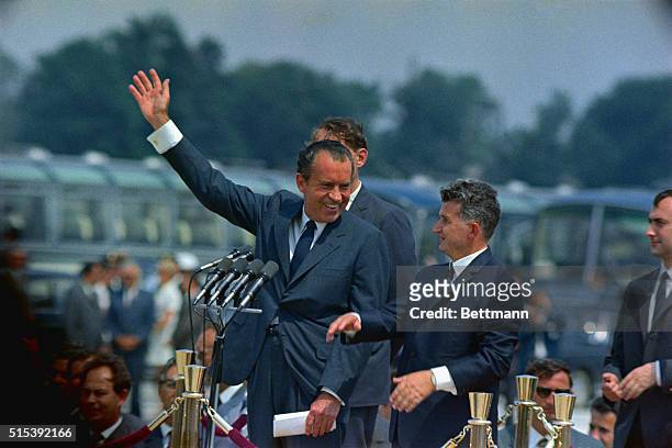 President Richard Nixon is welcomed by Romanian President Nicolae Ceausecu at Openini Airport upon arrival of the U.S. Chief Executive for his...