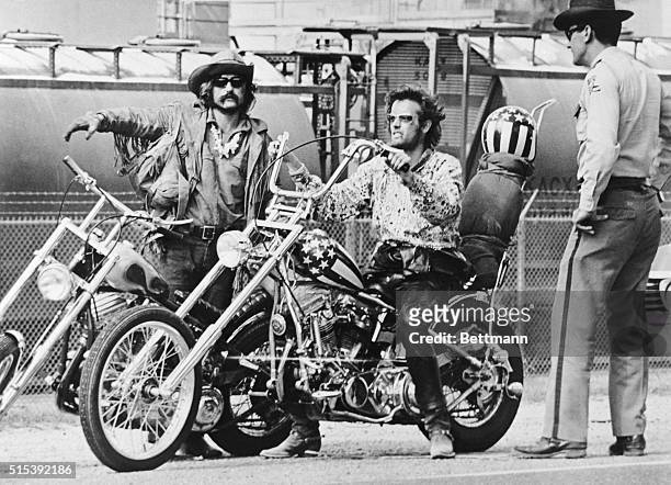 Movie still of Dennis Hopper and Peter Fonda riding bikes in a scene from the movie, "Easy Rider."