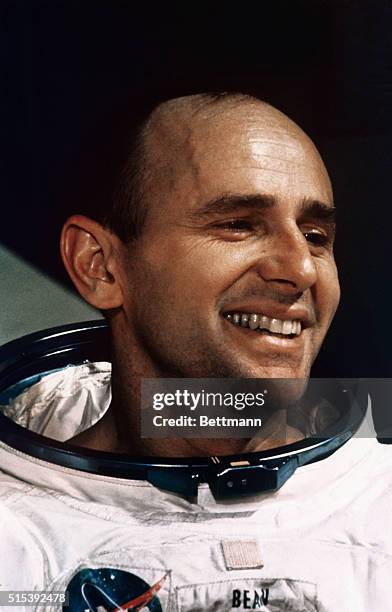 Apollo 12 astronaut Alan A. Bean, lunar module pilot, shown suited up here for rehearsal of second of two moon walks scheduled for Apollo 12 trip....