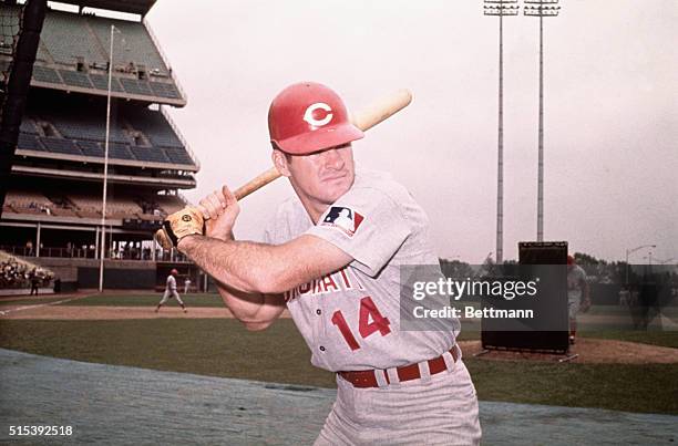 Pete Rose, Cincinnati Reds outfielder, in posed batting action.