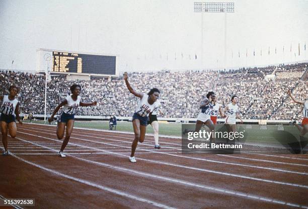 Mexico City, Mexico: Wymoia Tyus of the U.S. Winning the women's 100 meter dash in the 1968 Olympics.