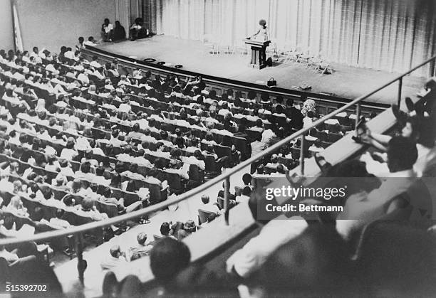 Angela Davis, UCLA assistant philosophy professor, black militant, and admitted communist, lectures on black literature in Royce Hall at UCLA....