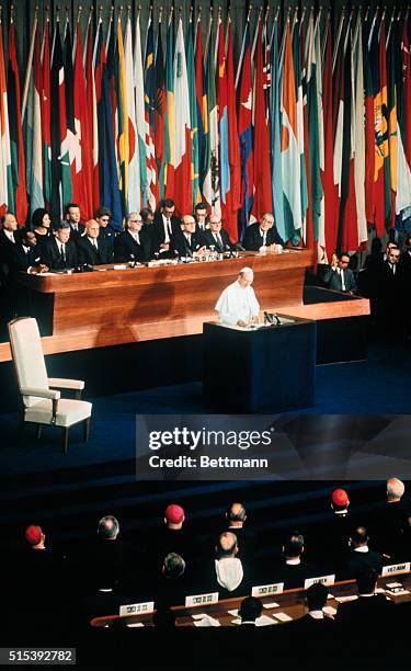 Geneva, Switzerland: Pope Paul IV addresses the United Nations International Labor Organization here. The ILO is celebrating its 50th anniversary....