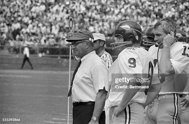 Washington Coach Vince Lombardi and his quarterback Sonny Jurgenesen on sidelines during the game against New Orleans September 21, 1969.
