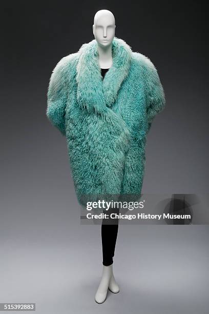 Coat made of fluffy blue sheepskin, designed by Claude Montana, circa 1980s. Shown as part of the Chicago History Muesum's November 2014 'Chicago...