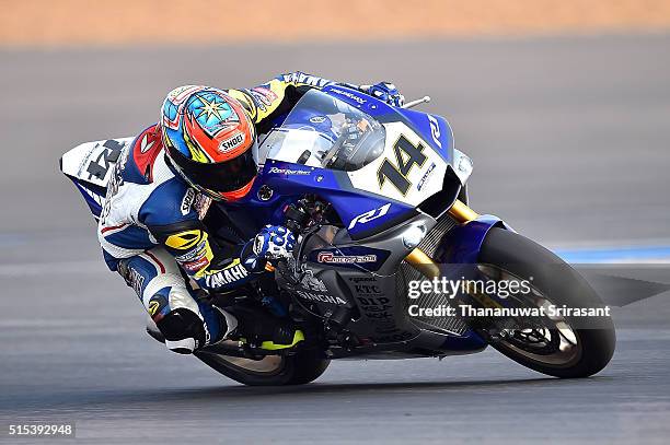 Anucha Nakcharoensri of Thailand rides during the Buriram World Superbike Championship on March 13, 2016 in Buri Ram, Thailand.