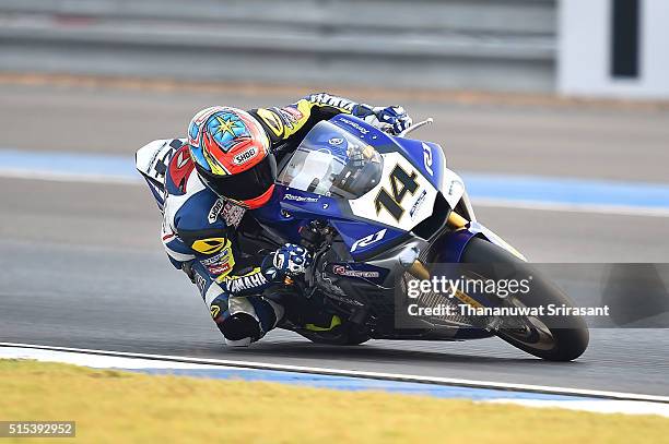 Anucha Nakcharoensri of Thailand rides during the Buriram World Superbike Championship on March 13, 2016 in Buri Ram, Thailand.