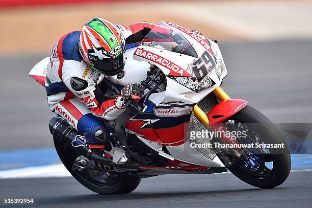 Nicky Hayden of the United States rides during the Buriram World Superbike Championship on March 13, 2016 in Buri Ram, Thailand.