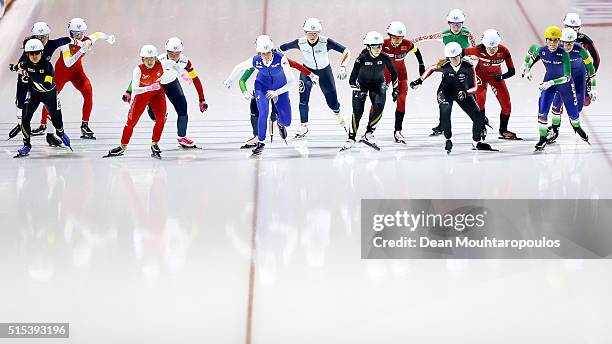 Misaki Oshigiri of Japan, Irene Schouten of The Netherlands and Ivanie Blondin of Canada compete in the Mass Start Women race during day three of the...