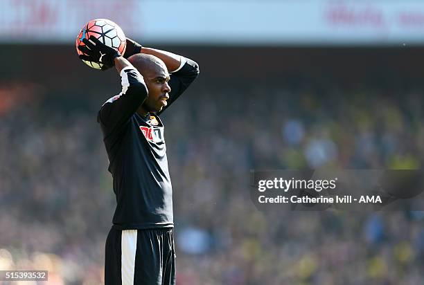 Allan Nyom of Watford takes a throw in during the Emirates FA Cup match between Arsenal and Watford at the Emirates Stadium on March 13, 2016 in...